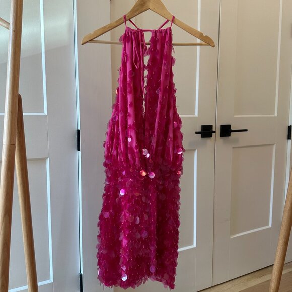 ASOS Design Pink clear sequin fringe halter mini dress Size 4 - Picture 3 of 8